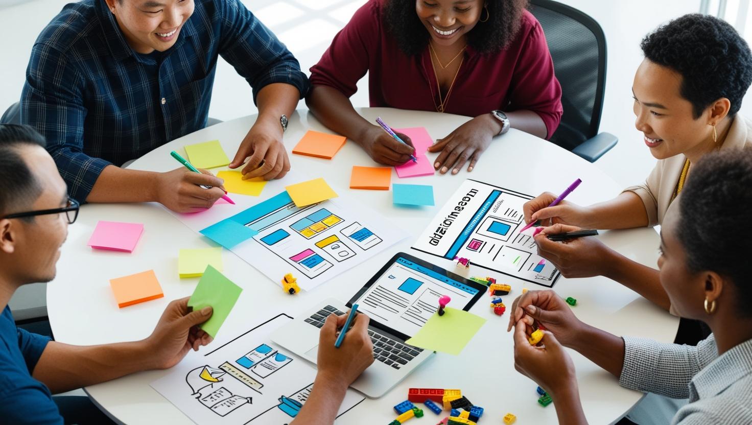 L'idéation, Groupe Hétérogene D'hommes Et De Femmes Utilisant Des Post It Des Dessins De Page Web, Des Feutres Des Légos Pour Discuter